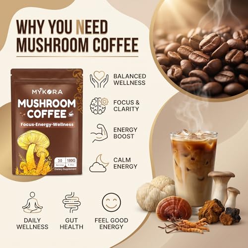 Café de Hongo 2000mg, Café Instantáneo Orgánico con 6 Hongos Adaptógenos (Melena de León y Cola de Pavo), con Aceite MCT y Coco, 30 Porciones para - imagen 4