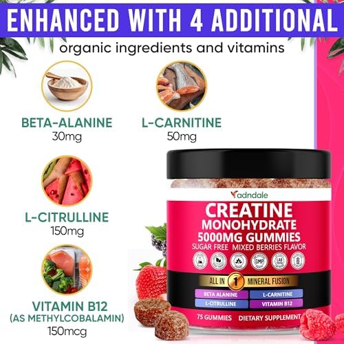 Gomitas de Creatina Adndale para Mujeres y Hombres, 5000mg por Porción, Suplemento de Creatina Monohidratada con Beta-Alanina, L-Citrulina y B12 - 75 - imagen 3