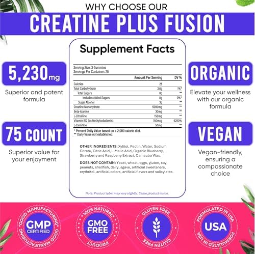 Gomitas de Creatina Adndale para Mujeres y Hombres, 5000mg por Porción, Suplemento de Creatina Monohidratada con Beta-Alanina, L-Citrulina y B12 - 75 - imagen 4