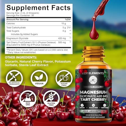 Magnesio Glicinato Líquido 420 mg con Extracto Natural de Cereza Ácida | Suplemento de Gotas para Sueño, Ánimo y Movilidad - imagen 6