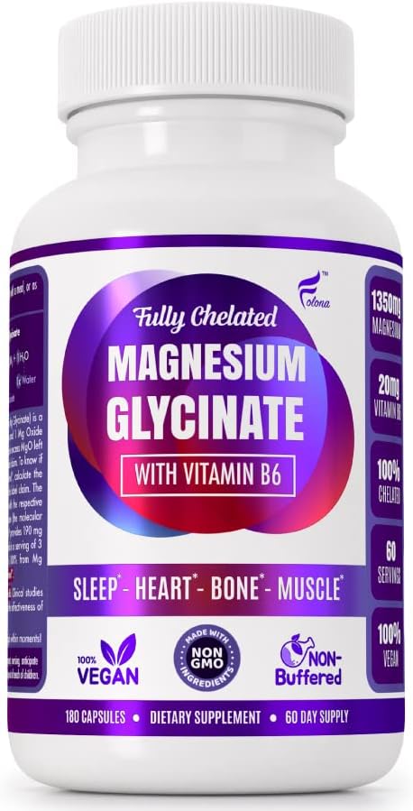Folona Magnesio Glicinato con Vitamina B6, 1350mg, 180 Cápsulas Veganas - Mejora Sueño, Alivio del Estrés, Energía y Calambres Musculares - Libre de - imagen 1
