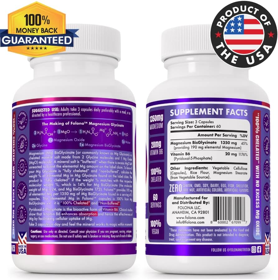 Folona Magnesio Glicinato con Vitamina B6, 1350mg, 180 Cápsulas Veganas - Mejora Sueño, Alivio del Estrés, Energía y Calambres Musculares - Libre de - imagen 2