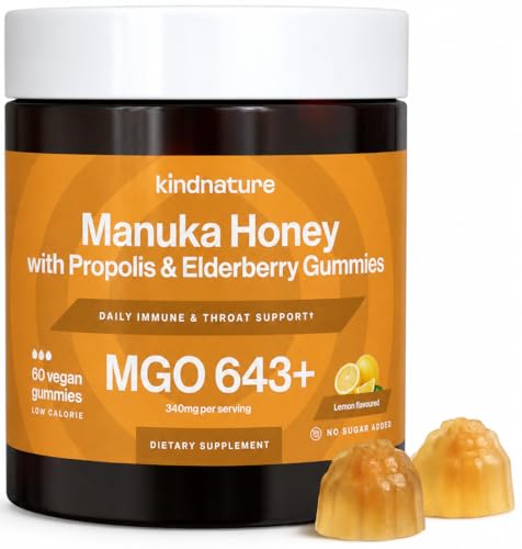 Gomitas Médicas de Miel de Manuka Kindnature MGO 643+ - Miel de Manuka de Nueva Zelanda con Zinc, Vitamina C y Saúco - Confort para la Garganta y - imagen 1