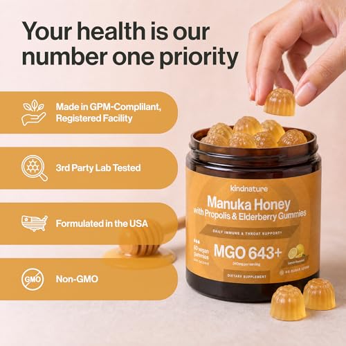 Gomitas Médicas de Miel de Manuka Kindnature MGO 643+ - Miel de Manuka de Nueva Zelanda con Zinc, Vitamina C y Saúco - Confort para la Garganta y - imagen 8