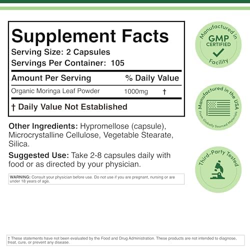 Cápsulas Orgánicas de Moringa DWS 1000mg - Polvo de Moringa Puro para Energía y Apoyo Inmunológico - Superalimento Verde Rico en Antioxidantes, - imagen 2