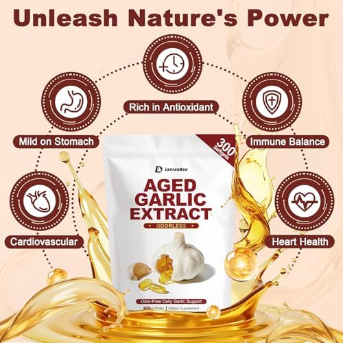 Extracto de Ajo Envejecido LanranBee 300 Softgels - Suplemento Sin Olor para Inmunidad y Corazón con Espino y Pimienta Negra - No GMO, Suministro de - imagen 3