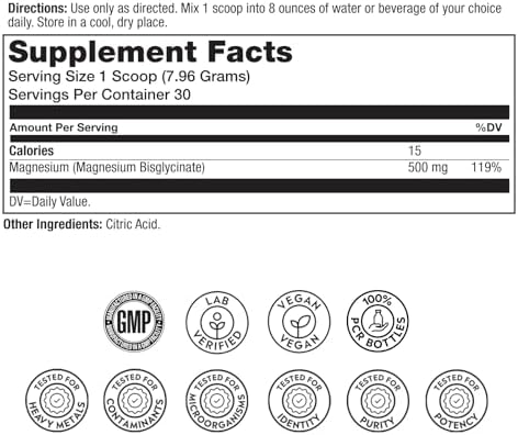 SOLARAY Magnesio Glicinato en Polvo 500mg - Suplemento Vegano Sin Sabor para Huesos, Músculos y Relajación - Libre de Gluten y No Transgénico - 30 - imagen 2
