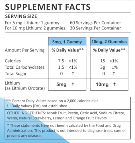 Lithium Orotate 5mg y 10mg | Para Hombres, Mujeres y Niños | Gominolas Veganas Sin Azúcar, 60 piezas, Sabor Clínicamente Estudiado - imagen 4