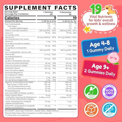 Gomitas Multivitamínicas para Niños + Omega 3 (DHA/EPA), Multivitamínico Metilado con Hierro, Probiótico y Vitaminas A, C, D3, K2, E, 60 Piezas, Sin - imagen 2