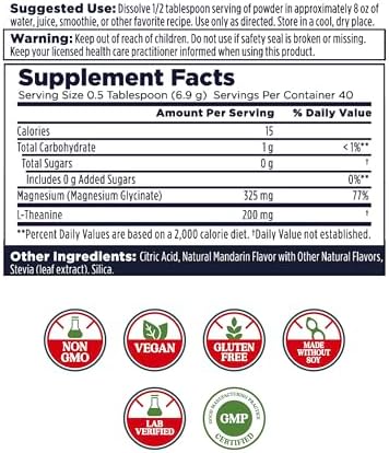 KAL Polvo de Magnesio con L-Theanina Sabor Mandarina - Suplemento Vegano, Sin Azúcar Añadido, Sin Gluten - 40 Porciones, 9.8 oz - imagen 2