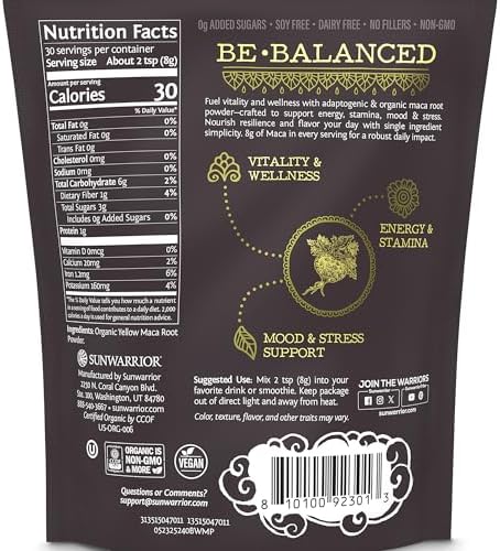 Polvo de Raíz de Maca Orgánica Sunwarrior Amarillo 8 Gramos - Superalimento Adaptógeno para Energía, Ánimo y Bienestar - 30 Porciones Veganas y No - imagen 2