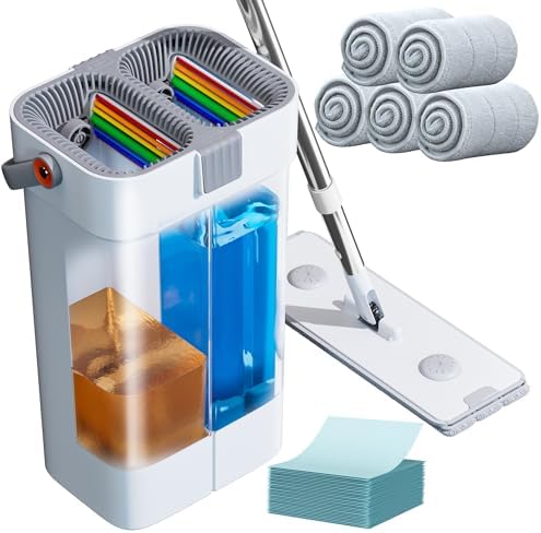 Set de Trapeador y Cubeta POPMOP, Sistema de Trapeador Plano, Cubeta con Escurridor, Trapeador de Pared con Mango Ajustable (Máx 61 Pulgadas), 5 - imagen 1