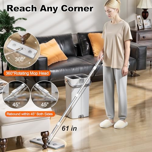 Set de Trapeador y Cubeta POPMOP, Sistema de Trapeador Plano, Cubeta con Escurridor, Trapeador de Pared con Mango Ajustable (Máx 61 Pulgadas), 5 - imagen 5
