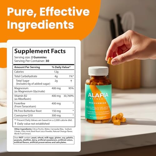 Alafia Naturals Miggummies - r Gummy para Confort y Soporte Craneal - Magnesio Glicinato, Butterbur, Feverfew, CoQ10, Vitamina B2 400mg, 60 piezas - imagen 4