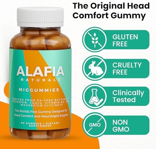 Alafia Naturals Miggummies - r Gummy para Confort y Soporte Craneal - Magnesio Glicinato, Butterbur, Feverfew, CoQ10, Vitamina B2 400mg, 60 piezas - imagen 8