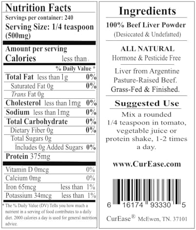 Polvo de Hígado de Res CurEase - Alimentado y Terminado con Pasto Argentino - Sin Desgrasar - 4.2 oz, 240 Porciones - imagen 2