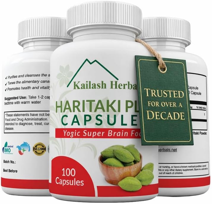 Cápsulas Orgánicas de Haritaki Kailash Herbals - Mejora la Digestión, Desintoxicación y Rejuvenecimiento - 100 Cápsulas Veganas y No Transgénicas - imagen 1