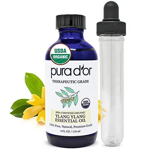 Aceite Esencial Orgánico de Ylang Ylang PURA D'OR (4oz con gotero de vidrio) 100% puro y natural, ideal para cabello, piel, aromaterapia y masajes. - imagen 1