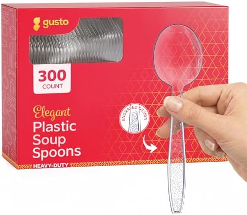 Cucharas de Plástico Transparentes GUSTO de Uso Rudo [300 Piezas] Desechables y Sin BPA con Diseño Grabado para Fiestas, Catering y Uso Diario - imagen 1