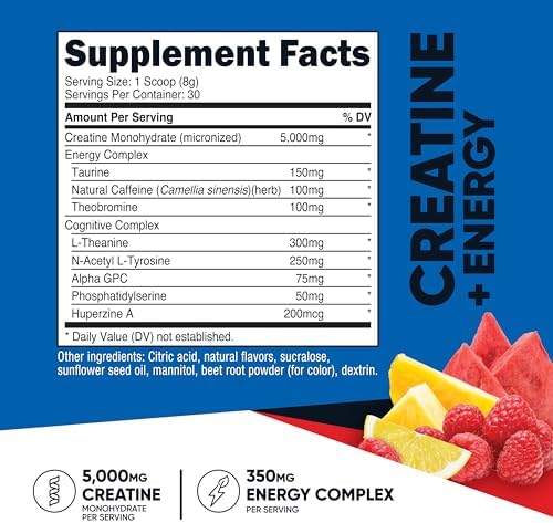 Nutricost Creatina + Energía 30 Porciones (Sabor Fruta Punch) - 5,000mg de Creatina Monohidratada + 350mg de Complejo Energético por Porción - imagen 2