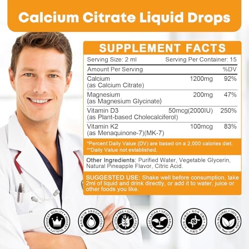 Suplemento de Citrato de Calcio – Citrato de Calcio 1200mg con Gotas de Vitamina D3 | Alta Absorción | No GMO, Sin Gluten | Soporte para Huesos, - imagen 2