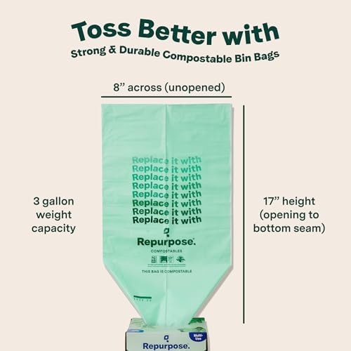 Bolsas de Basura Compostables de 3 Galones Repurpose, Paquete de 100, Certificadas BPI, a Prueba de Fugas, Aprobadas por la FDA, Empaque Reciclable - imagen 2