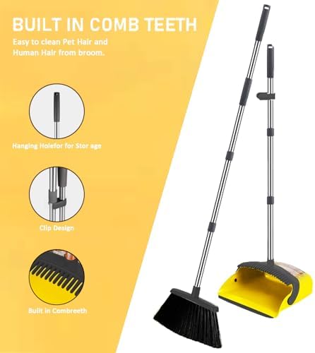 Juego de 2 Escobas con Recogedor, Mango de 52, Función de Autolimpieza, Ideal para Barrer en Casa y Oficina (Grande/Amarillo) - imagen 3
