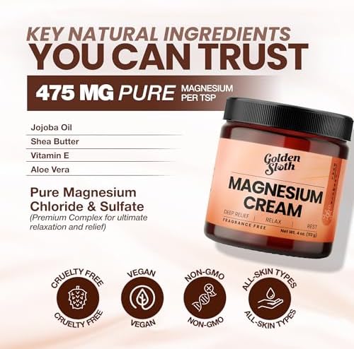 Crema de Magnesio Golden Sloth - Loción Tópica Sin Fragancia - Alta Concentración con 2 Tipos de Magnesio, Hecho en EE. UU., 100% Natural - imagen 2