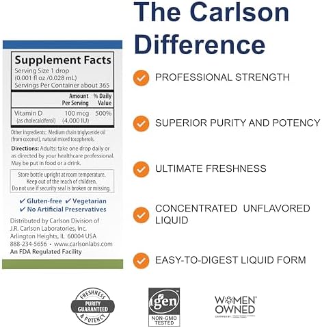 Carlson - Super Daily D3 4,000 IU (100 mcg) por Gota, Vitamina D Líquida, Suministro para 1 Año, Sin Sabor, 365 Gotas (10.3 mL) - imagen 5