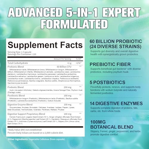 Totaria Probiótico 5 en 1 60 Mil Millones CFU con Prebióticos y Postbióticos para Hombres y Mujeres, Enzimas Digestivas, Salud Digestiva y - imagen 3