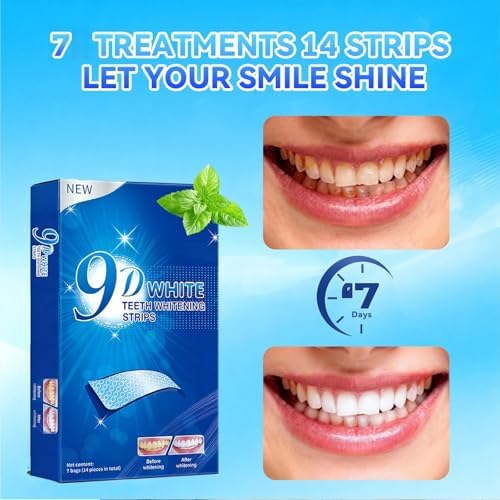 Tiras Blanqueadoras para Dientes Sensibles - Kit Profesional 9D, 14 Tiras Blancas (Tratamiento de 7 Días) para Un Sonrisa Más Brillante, Sabor Menta - imagen 5