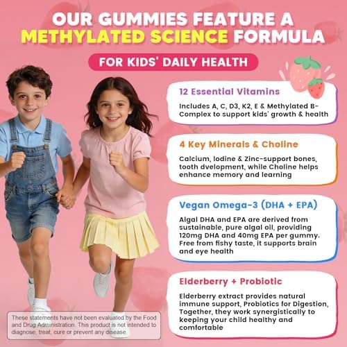 Gomitas Multivitamínicas Methyladas para Niños con Omega 3, 16 Vitaminas, Calcio, Probioticos y Sabor a Saúco, Sin Azúcar, Crecimiento Saludable y - imagen 3