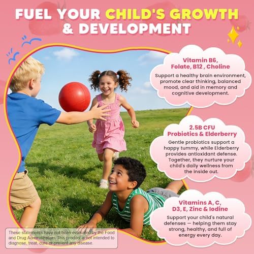 Gomitas Multivitamínicas Methyladas para Niños con Omega 3, 16 Vitaminas, Calcio, Probioticos y Sabor a Saúco, Sin Azúcar, Crecimiento Saludable y - imagen 4