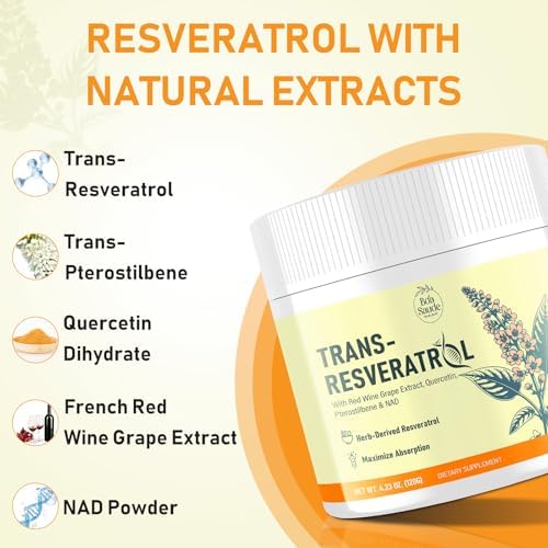 Suplemento en Polvo de Trans-Resveratrol BoaSaude con Extracto de Vino Tinto, Quercetina, Pterostilbeno y NAD, 120 g, Suministro para 30 Días - imagen 3