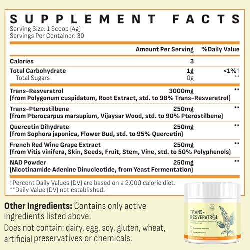 Suplemento en Polvo de Trans-Resveratrol BoaSaude con Extracto de Vino Tinto, Quercetina, Pterostilbeno y NAD, 120 g, Suministro para 30 Días - imagen 4