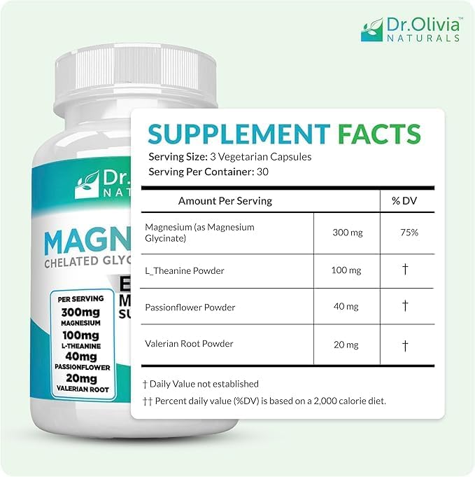 Complejo de Glicinato de Magnesio Dr. Olivia Naturals - L-Teanina, Flor de Pasión y Raíz de Valeriana para Apoyo del Sueño, Salud Nerviosa y Muscular - imagen 2