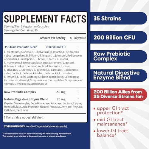 Suplemento Probiótico Surebounty para Hombres y Mujeres, 200 Mil Millones de UFC, 35 Cepas, Prebióticos + Enzimas Digestivas, 60 Cápsulas Veganas - imagen 2