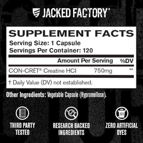 Cápsulas de Creatina HCl Jacked Factory - Píldoras CON CRET 750mg - Crecimiento Muscular Magro, Recuperación, Aumento de Fuerza y Resistencia - 120 - imagen 5