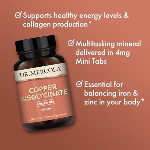 Dr. Mercola Bisglicinato de Cobre - Apoya la Salud Celular - Mineral Quelado Bioavailable - Elemento Traza Esencial - Mini Tabletas - 180 Tabletas, - imagen 4