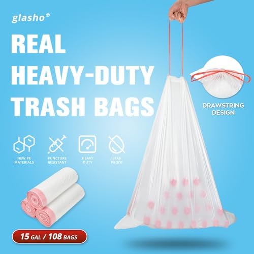 Bolsas de Basura de Cuerda Glasho Ultra Gruesas de 15 Galones, 108 Piezas, Resistentes y a Prueba de Fugas para Cocina, Oficina y Jardín, Color Blanco - imagen 2