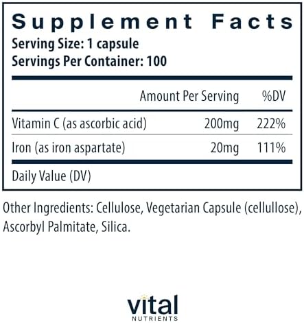 Suplemento de Hierro Vital Nutrients Iron Plus C - 20mg de Hierro Vegano con 200mg de Vitamina C - Libre de Gluten, Lácteos y Soja - 100 Cápsulas - imagen 2