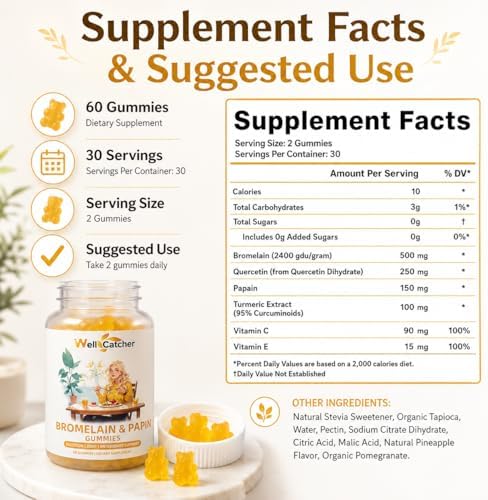 Gomitas de Enzimas Bromelaina y Papaína: 500mg de Bromelaina con Quercetina, Enzima de Papaya, Cúrcuma y Vitamina C, Suplemento Digestivo Orgánico - imagen 7