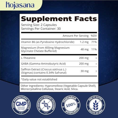 HojaSana L-Theanine 200mg con Azafrán, GABA, Magnesio Glicinato y Vitamina B6, Fórmula Avanzada para Relajación, Alivio del Estrés y Sueño, 60 - imagen 5