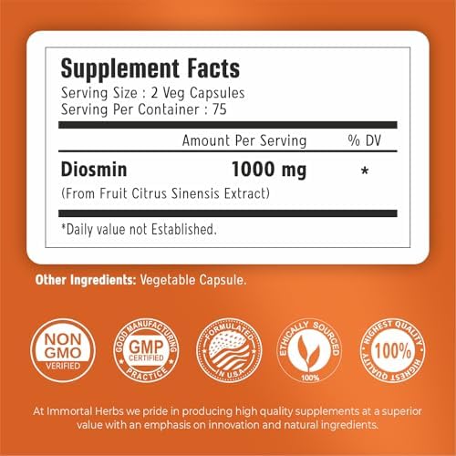 Inmortal Herbs Diosmina Pura 1000mg, 150 Cápsulas, Extracto de Frutas Ricas en Bioflavonoides Cítricos, 100% Vegetariano, Sin OGM y Sin Gluten - imagen 2