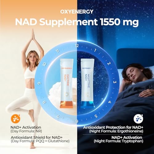 Suplemento OxyEnergy NAD 1550 mg - Nicotinamida Ribósido Diurna + L-Triptófano Nocturno con Resveratrol, Glutatión, PQQ, Energía Continua, - imagen 4