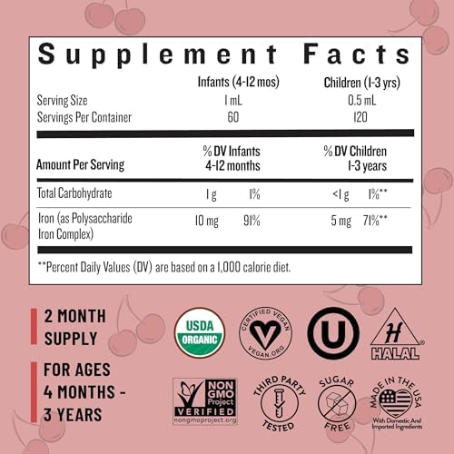 Suplementos de Hierro Líquido Orgánico Legendairy Milk para Niños, Vitaminas para Bebés, Sin Azúcar, Sabor Cereza, 60 Porciones, 4 Meses a 3 Años - imagen 2