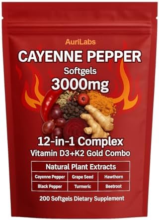 AuriLabs Cápsulas Blandas de Chile Cayenne - Mejoradas con Complejo de Vitamina D3+K2 - Contiene Extractos de Semilla de Uva, Espino y Remolacha - - imagen 1