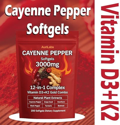 AuriLabs Cápsulas Blandas de Chile Cayenne - Mejoradas con Complejo de Vitamina D3+K2 - Contiene Extractos de Semilla de Uva, Espino y Remolacha - - imagen 2