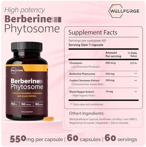WellForge Berberina Phitosoma 550mg, 60 Cápsulas - con Canela de Ceilán (200mg), Cromo (200mcg) y Extracto de Pimienta Negra (10mg) - imagen 2