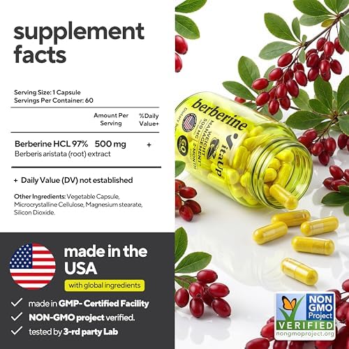 Suplemento de Berberina VitaUp 500mg - Hecho en EE. UU. - Berberina HCL No GMO - Suplementos para Control de Peso, Energía y Apoyo Inmunológico - 60 - imagen 2